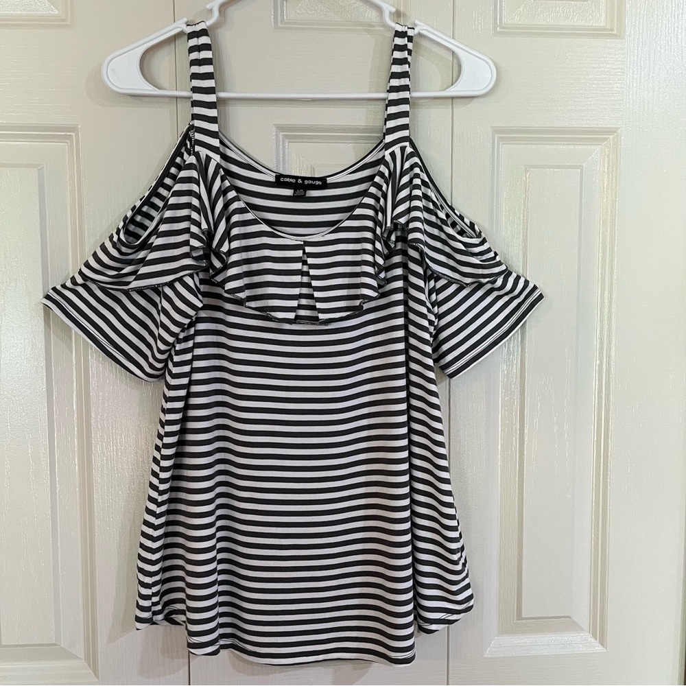 Striped White And Army Green Cable And Gauge Cold Shoulder Top Ruffle Large